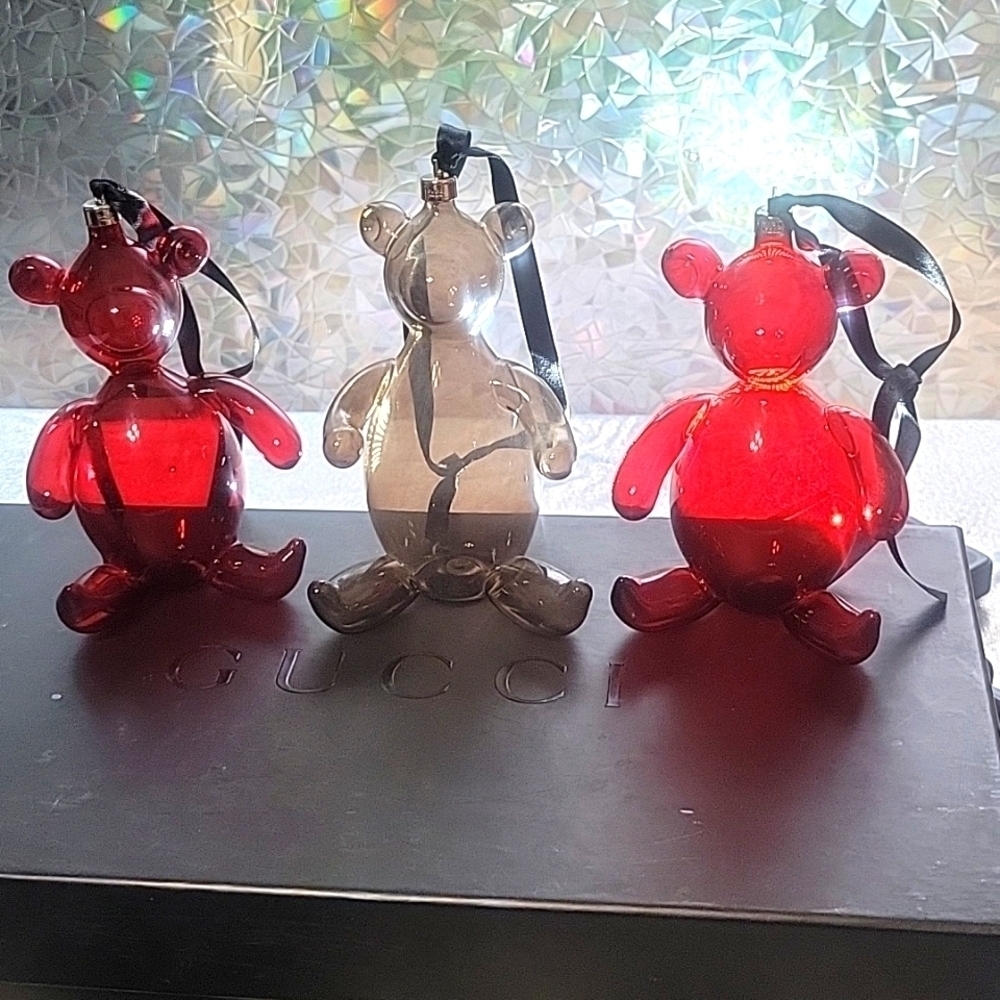 Gucci Vintage Handblown Glass Bear Christmas Ornaments Set of 3 Smoky & Red